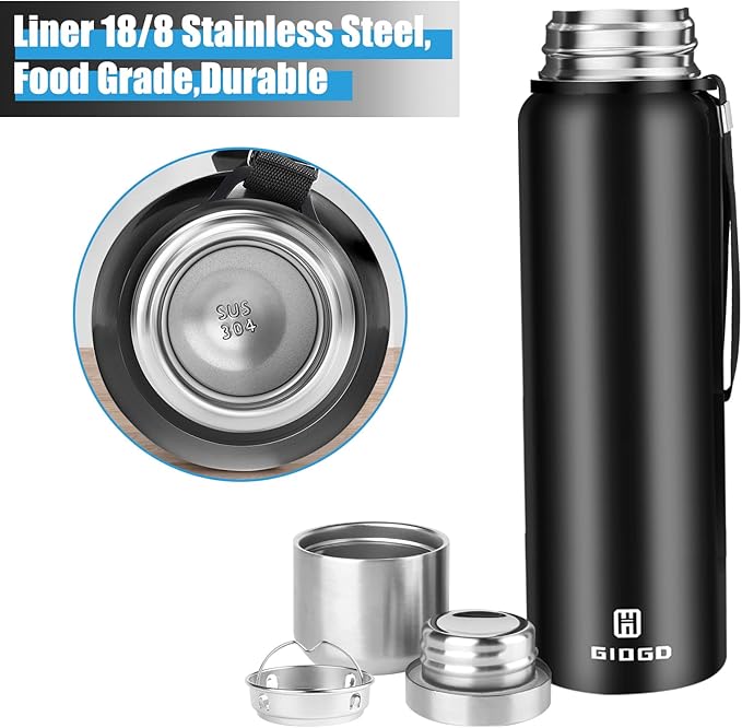 Insulated vacuum Thermo Bottle 1500ml/50.7oz with cup Stainless steel coffee bottles for hot and cold drink water flask.(Black,1500ml)