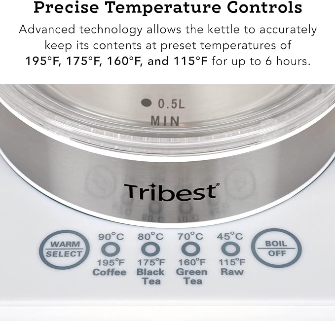 Tribest GKD-450 Hot Water Kettle, Electric Water Boiler & Water Warmer with Glass Tea Kettle, 110V, White