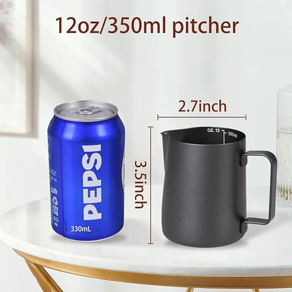 Milk Frothing Pitcher, 12OZ/350ML Stainless Steel Espresso Steaming Pitcher Coffee Milk Frother Cup with Decorating Art Pen for Espresso Machine, Milk Frother, Latte Art Black