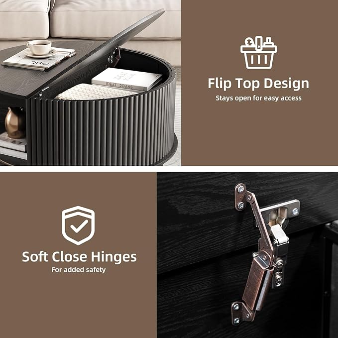 Round Coffee Table with Storage,Mid Century Modern Dining Table with Sliding Cabinet Door for Living Room,Home Small Space,31.5" Small Center Table,Black