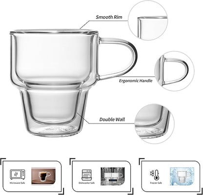 NIRA.Z 4 Pack Double Wall Glass Coffee Mugs 10 OZ Insulated Espresso Cups with Handle, Stackable Thermal Glass Coffee Cups, Ideal for Hot & Cold Drinks, Juice, Americano, Latte, Tea Bags, Cappuccinos