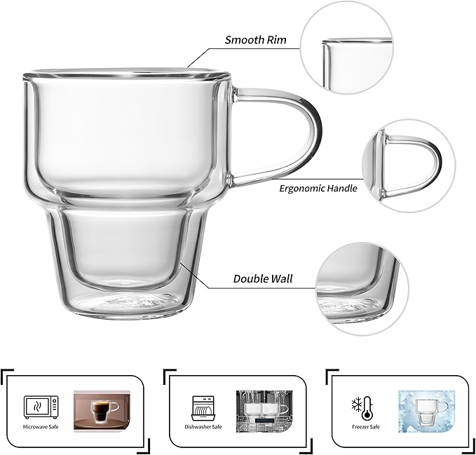 NIRA.Z 4 Pack Double Wall Glass Coffee Mugs 12 OZ Insulated Espresso Cups with Handle, Stackable Thermal Glass Coffee Cups, Ideal for Hot & Cold Drinks, Juice, Americano, Latte, Tea Bags, Cappuccinos