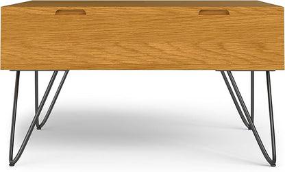 SIMPLIHOME Hunter Lift Top Coffee Table - 32 inch Wide Oak Veneer and Metal Industrial Square Lift Top Cocktail Table in Oak, Living Room Table with Dual Lift Tops, Hidden Storage and Hairpin Legs