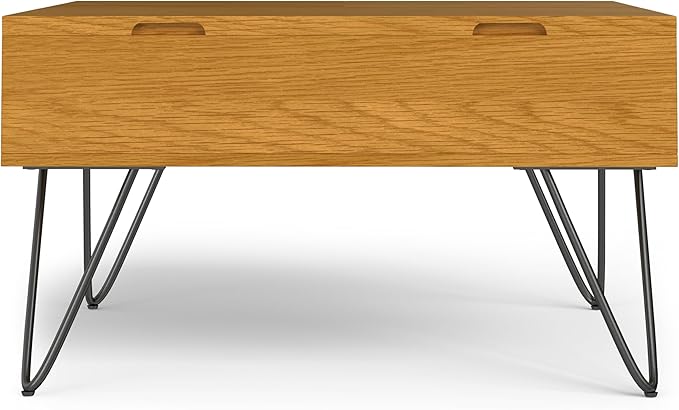 SIMPLIHOME Hunter Lift Top Coffee Table - 32 inch Wide Oak Veneer and Metal Industrial Square Lift Top Cocktail Table in Oak, Living Room Table with Dual Lift Tops, Hidden Storage and Hairpin Legs