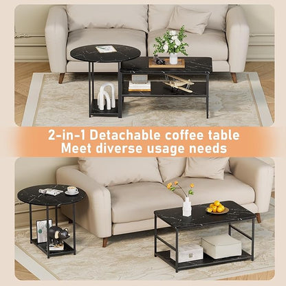WOHOMO Coffee Table, Black Modern Coffee Tables for Living Room 2 in 1Detachable Small Center Table Set with Storage, Black Marble