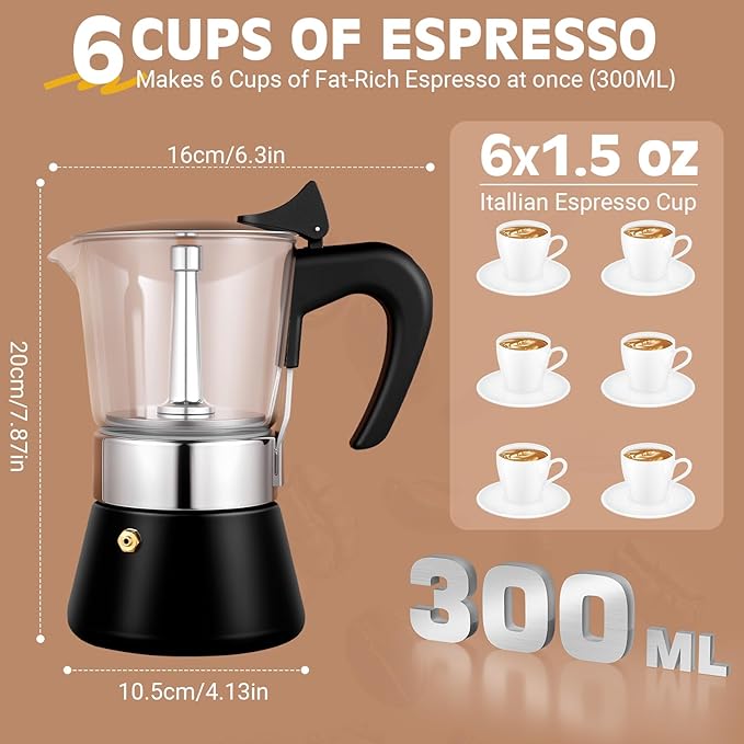Induction Moka Pot, 6 Cups (10.6 oz) Crystal Glass-Top & Stainless Steel Moka Pot, Classic Stovetop Espresso Maker, Black