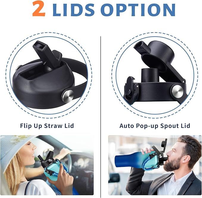 40 oz Insulated Water Bottle Fit in Car Cup Holder - Metal Water Bottle with Straw, Auto Spout Lid, Leakproof T-shape Stainless Steel Tumbler with Lid & Straw, Storage Carrier Bag, Silicone Boot