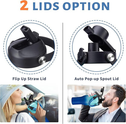 40 oz Insulated Water Bottle Fit in Car Cup Holder - Metal Water Bottle with Straw, Auto Spout Lid, Leakproof T-shape Stainless Steel Tumbler with Lid & Straw, Storage Carrier Bag, Silicone Boot