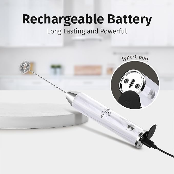 Zulay Kitchen Lux Rechargeable Milk Frother Handheld - Powerful 2-Speed Motor, Fully Waterproof, 2000mAh Battery - Drink Mixer For Latte, Cappuccino, Matcha, Protein Powder - White Marble