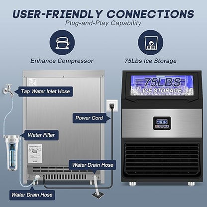 Commercial Ice Maker Machine 300LBS/24H with 75LBS Storage Bin, Stainless Steel Undercounter/Freestanding Ice Maker Machine for Home Bar Outdoor, 108PCS Ice Cubes Ice Machine, Self Cleaning