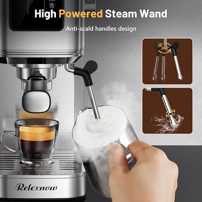 Espresso Machine, 20 Bar Espresso Maker Milk Frother & LCD Panel, Hot & Iced with Rapid Cold Brew, Stainless Steel Espresso Coffee Machine with 41oz Water Tank for Cappuccino, Latte
