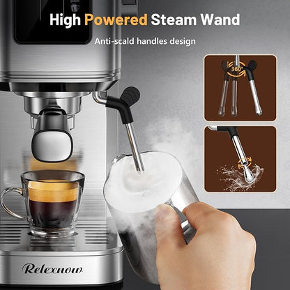 Espresso Machine, 20 Bar Espresso Maker Milk Frother & LCD Panel, Hot & Iced with Rapid Cold Brew, Stainless Steel Espresso Coffee Machine with 41oz Water Tank for Cappuccino, Latte