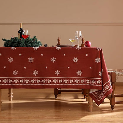 Designer Christmas Red Extra Long Rectangle Tablecloth,Linen Table Cloth with Snowflakes Pattern,Wrinkle Resistant Decor Tablecloths for Dining Kitchen Thanksgiving,63"*110"-Carol C