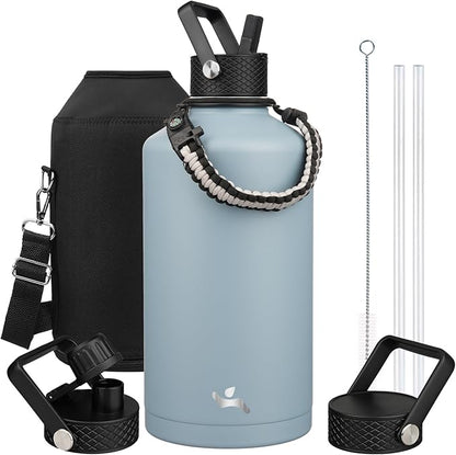 Gallon Insulated Water Bottle with Straw,128 oz 3 Lids Water Jug with Carrying Bag,Paracord Handle, Double Wall Vacuum Stainless Steel Metal Flask,Storm Blue