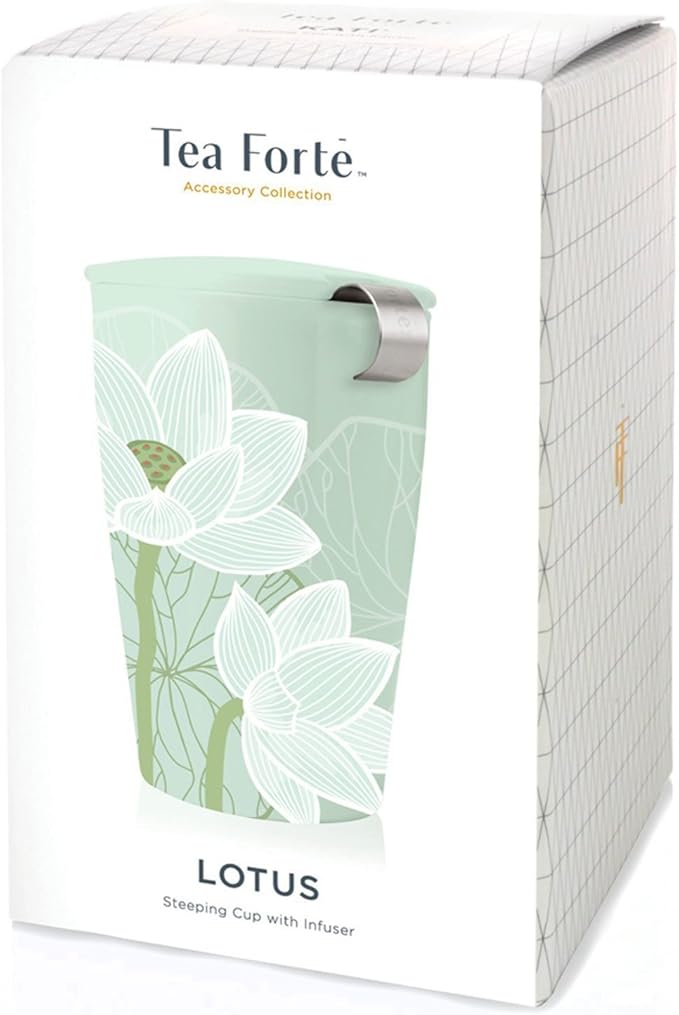 Tea Forte Lotus Double-Walled Ceramic Kati Cup with Removable Stainless Steel Infuser Basket and Lid, Steeps 12 oz Loose Leaf Tea, Lid and Cup Dishwasher & Microwave Safe