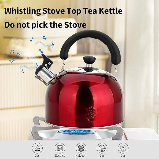 3.75 Quart/4L Whistling Tea Kettle,Stainless Steel Teakettle Teapot for Stovetop,Vintage Tea Kettles with Touch Ergonomic Handle(Red)