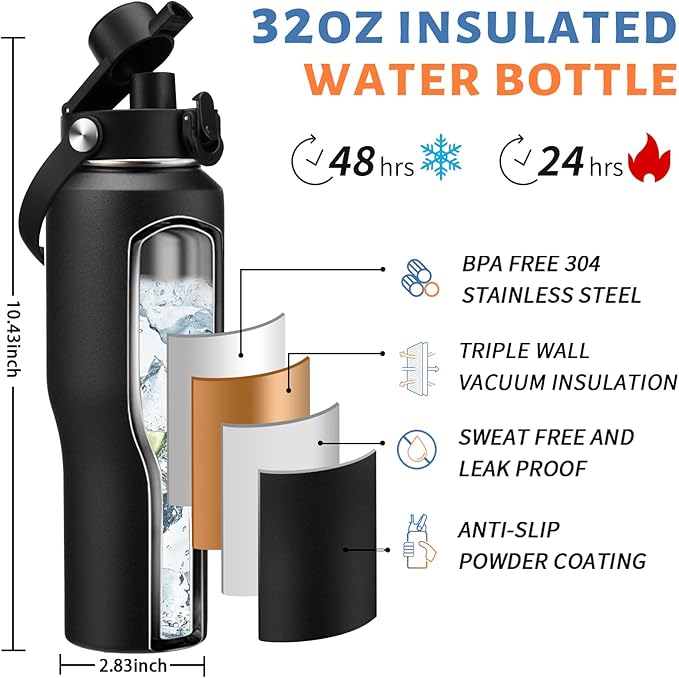 32 oz Insulated Water Bottle - Fits in Car Cup Holder, Cold 48H Hot 24H, Leakproof Stainless Steel Water Bottles with Straw & Pop-up Spout Lid, Paracord Handle, Bottle Holder Bag & Flask Boot