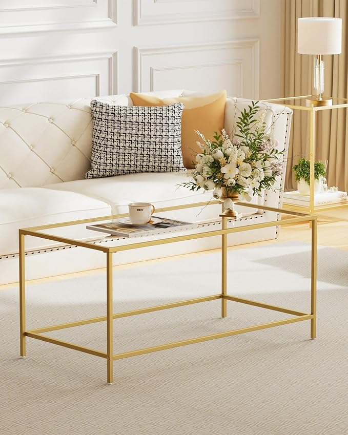 Glass Coffee Table, Modern Rectangular Coffee Table for Living Room, Minimalist Center Tea Table with Sturdy Metal Frame for Apartment, Office, Easy Assembly, 39.4 x 19.7 x 17.7 Inches, Golden
