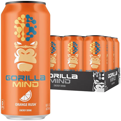 Gorilla Mind Energy Drink | Unmatched Energy · Amplified Focus | N-Acetyl-L-Tyrosine, Alpha-GPC, 200mg Caffeine, Uridine, Saffron | 0 Sugar Or Artificial Colors | 16oz, 12-Pack (Orange Rush)