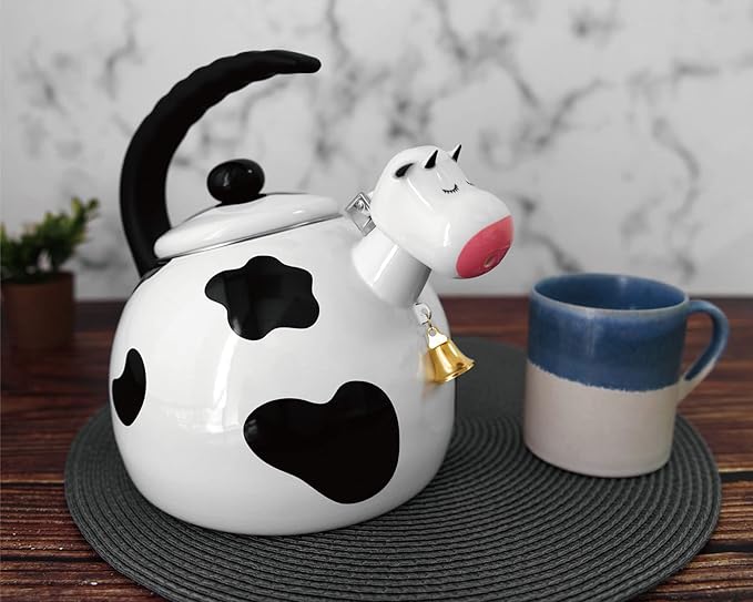 UPware Cow Enamel on Steel Whistling Tea Kettle, Cute Animal Teakettle, 2.3 Quart