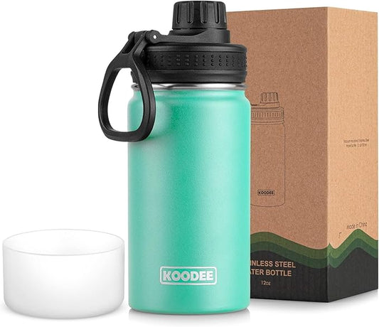 koodee Small Water Bottle 12 oz Stainless Steel Vacuum Insulated Wide Mouth Water Flask with Leakproof Spout Lid (Teal)