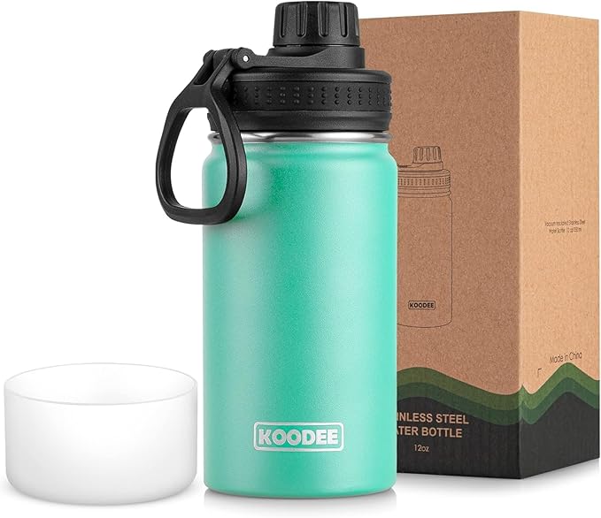 koodee Small Water Bottle 12 oz Stainless Steel Vacuum Insulated Wide Mouth Water Flask with Leakproof Spout Lid (Teal)