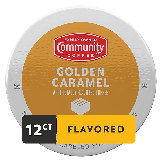 Community Coffee Golden Caramel Flavored Medium Roast Single Serve 12 Ct Box, Compatible with Keurig 2.0 K Cup Brewers, Medium Full Body Rich Creamy Taste, 100% Arabica Coffee Beans