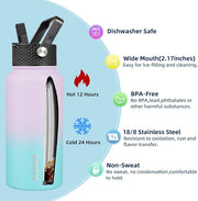 BJPKPK 2 Pack Insulated Water Bottles with Straw Lids, 27oz Stainless Steel Metal Water Bottle with 6 Lids, Leak Proof BPA Free Jugs, Cups, Flasks for Travel, Sports (Lavender Green+Black)
