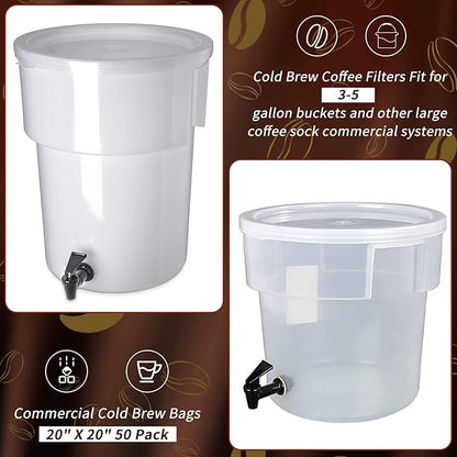 100Pcs Commercial Cold Brew Coffee Filters for 5 Gallon Buckets, 20" X 20" Disposable Coffee Filters with Drawstring for Brew Up To 5 LBS Coffee