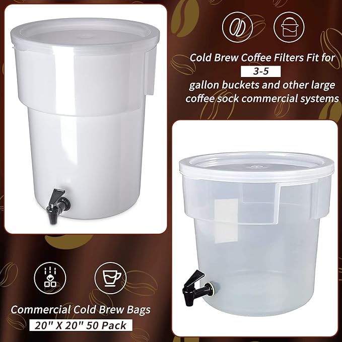 50Pcs Commercial Cold Brew Coffee Filters for 5 Gallon Buckets, 20" X 20" Disposable Coffee Filters with Drawstring for Brew Up To 5 LBS Coffee
