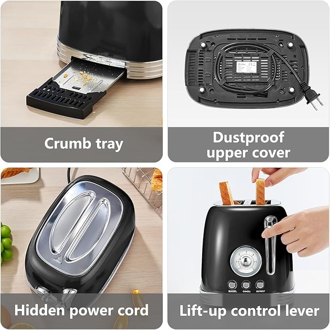 Glossy Black Cute Retro Toaster 2 Slice with 1.58" Wide Slots, Bread toaster with Cover and Warm Rack, Stainless Steel Toaster with Removable Crumb Tray, Preheat, Defrost, Cancel Function