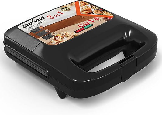 Sunvivi 3 in 1 Electric Sandwich Maker: Panini Press Grill and Waffle Iron Set, Grill and Sandwich Press with Removable Nonstick Plates, Indicator Lights & Cool Touch Handle, 800W, Black
