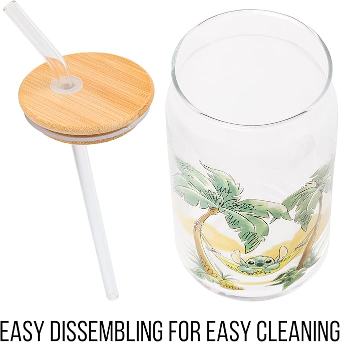 Silver Buffalo Disney Lilo and Stitch Relaxing Chilling in Hammock Island Glass Jar Tumbler with Bamboo Lid and Glass Straw, 16 Ounces