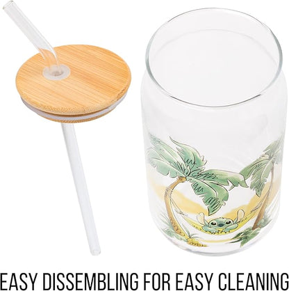 Silver Buffalo Disney Lilo and Stitch Relaxing Chilling in Hammock Island Glass Jar Tumbler with Bamboo Lid and Glass Straw, 16 Ounces