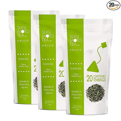 SUGIMOTO TEA Japanese Kukicha Stem Green Tea Bags 20 Count Pack of 3