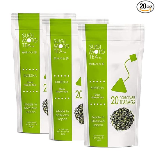 SUGIMOTO TEA Japanese Kukicha Stem Green Tea Bags 20 Count Pack of 3