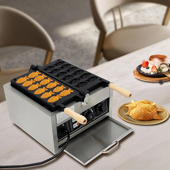 1.8KW Commercial Taiyaki Fish Waffle Maker, Electric Fish Shaped Waffle Cones, Professional Taiyaki Machine for Making Pancakes, Muffins, and Waffles (14.76 * 14.17 * 8.86in)