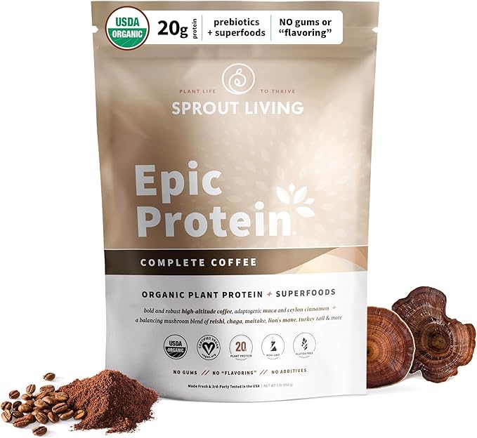 Sprout Living, Epic Protein, Plant Based Protein & Superfoods Powder, Complete Coffee | 20 Grams Organic Protein Powder, Adaptogens, Mushrooms, Vegan, Non-GMO, Gluten Free (1 Pound, 12 Servings)