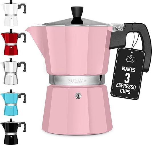 Zulay Moka Pot Espresso Stovetop Coffee Maker - Leak-Proof, Stainless Steel, Easy to Clean, Heat Resistant Handle & Knob - for Authentic Cuban & Italian Style Espresso - Makes 3 Espresso Cups - Pink