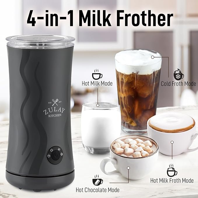 Zulay 4-in-1 Milk Frother and Steamer - Automatic Hot and Cold Foam Maker with Auto Shut Off & Temperature Control for Coffee, Latte, Cappuccino, Hot Chocolate - Gray