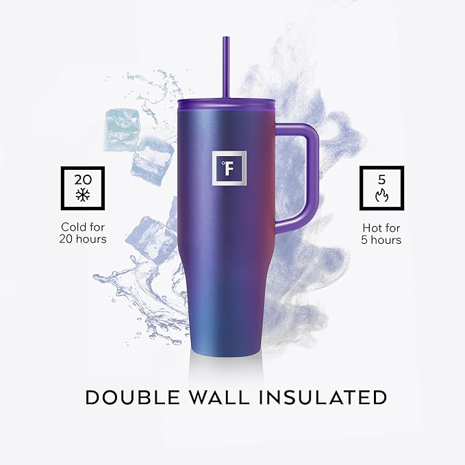 IRON °FLASK Co-Pilot Insulated Mug w/Straw & Flip Cap Lids - Cup Holder Bottle for Hot, Cold Drink - Leak-Proof- Water, Coffee Portable Travel Tumbler - Fire Red, 40 Oz