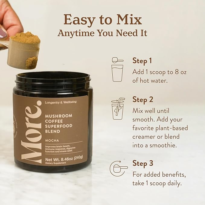 More. Longevity & Wellbeing Mushroom Coffee Superfood – 7 Functional Mushrooms with Lion’s Mane, Reishi, Chaga & Ashwagandha Extract, Instant Coffee Alternative with Prebiotics and Essential Vitamins for Focus & Energy, Mocha