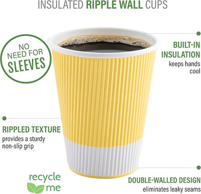 Restaurantware 8 Ounce Double Wall Disposable Coffee Cups, 500 Insulated Light Yellow Paper Tumblers with Ripple Wall Design, Lids Sold Separately for Hot Drinks like Tea, Coffee and More