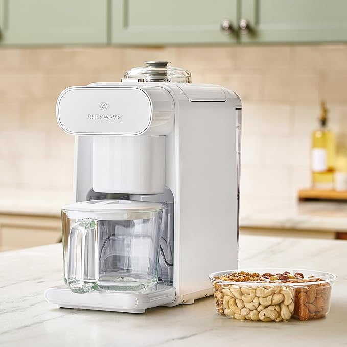 ChefWave Milkmade Non-Dairy Milk Maker (Silver/White)– 6-in-1 Vegan Plant-Based Milk Machine with Auto Clean, Delay Start & Glass Pitcher – Almond, Oat, Soy, Cashew, Coconut, Macadamia Milk Maker