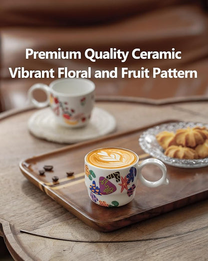 Ceramic Espresso Cups Set of 2 – Mini 3 oz Double Espresso Coffee Cups Small Espresso Shot Cups with Cute Q Handle, Gift for Coffee Lovers, Floral and fruit Patterns-White