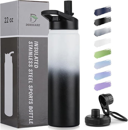 DOMICARE Insulated Water Bottle, 22 oz Vacuum Insulated Stainless Steel Reusable Sports Bottle with Straw Lid & Spout Lid for Travel, Camping, Bike, Leakproof, Black/White, 1 Pack