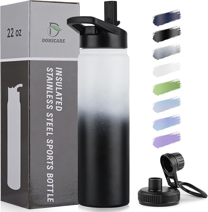 DOMICARE Insulated Water Bottle, 22 oz Vacuum Insulated Stainless Steel Reusable Sports Bottle with Straw Lid & Spout Lid for Travel, Camping, Bike, Leakproof, Black/White, 1 Pack