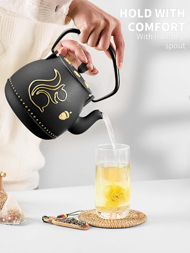 Toptier Teapot with Removable Infuser, Cast Iron Tea Kettle Stovetop Safe, Squirrel Design Tea Pot Coated with Enameled Interior for 32 Ounce (950 ml), Black