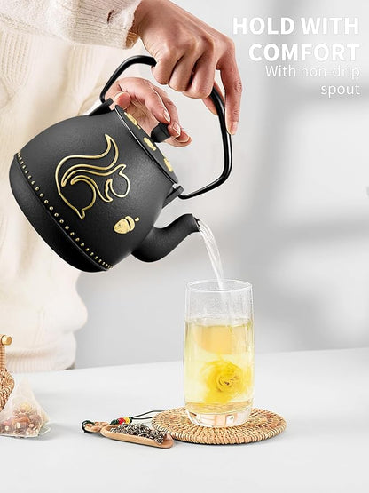 Toptier Teapot with Removable Infuser, Cast Iron Tea Kettle Stovetop Safe, Squirrel Design Tea Pot Coated with Enameled Interior for 32 Ounce (950 ml), Black