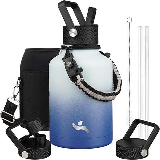 Insulated Water Bottle with Straw,50 oz 3 Lids Water Jug with Carrying Bag,Paracord Handle,Double Wall Vacuum Stainless Steel Metal Flask,Sky